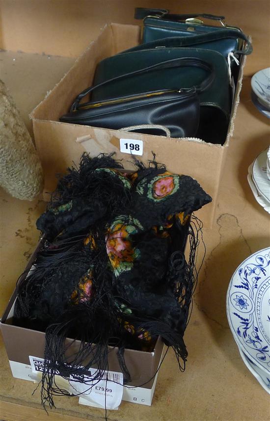 Embroidered black fringed shawl and sundry vintage handbags, beaded evening bags, etc